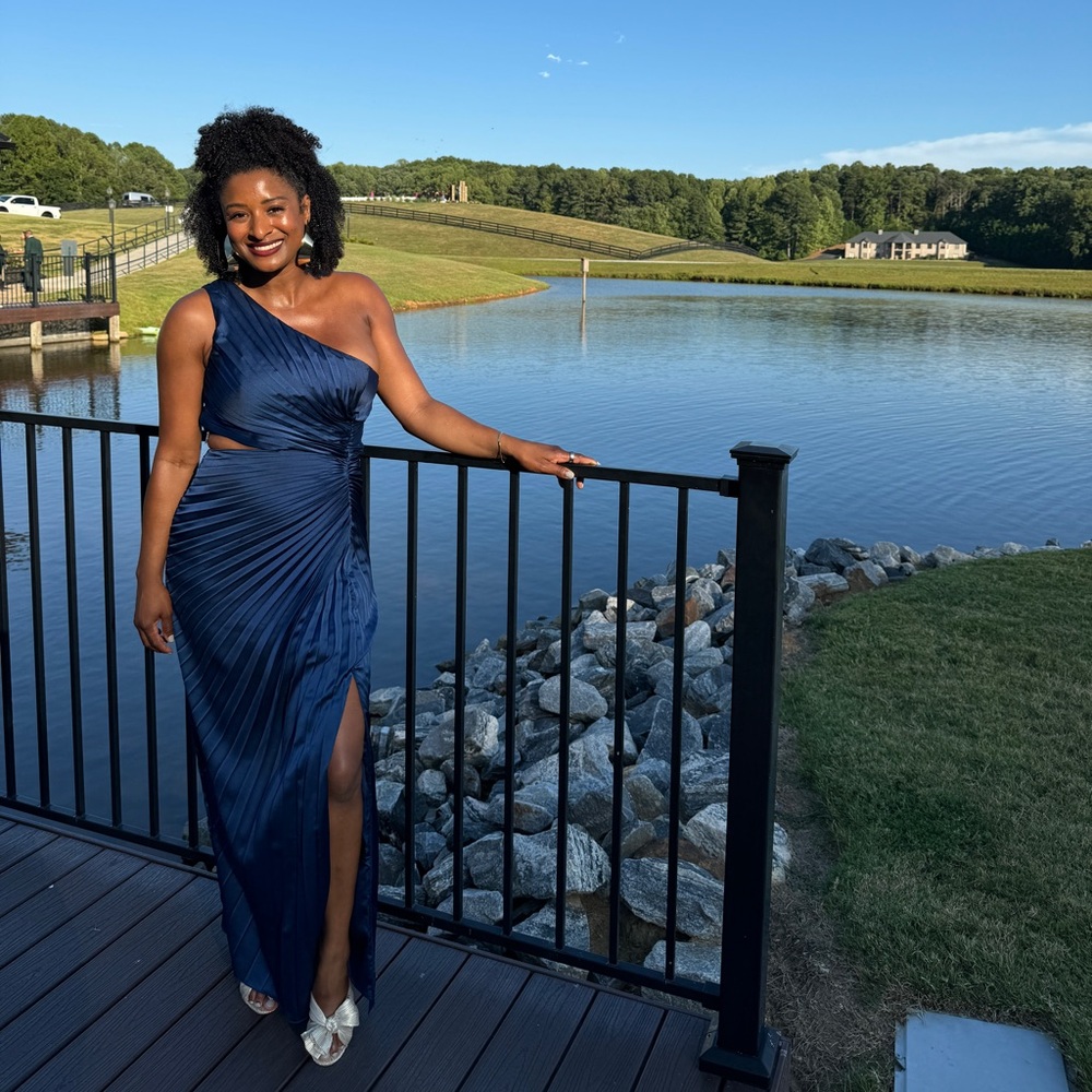 Abercrombie & Fitch Giselle Pleated One Shoulder Navy Maxi Dress Gown